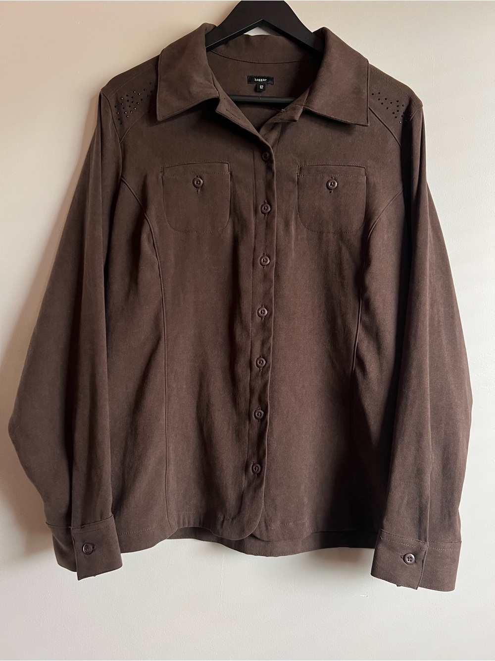 Haggar embellished Shoulder Size 12 Soft Button Up Brown Velvet Suede Feel